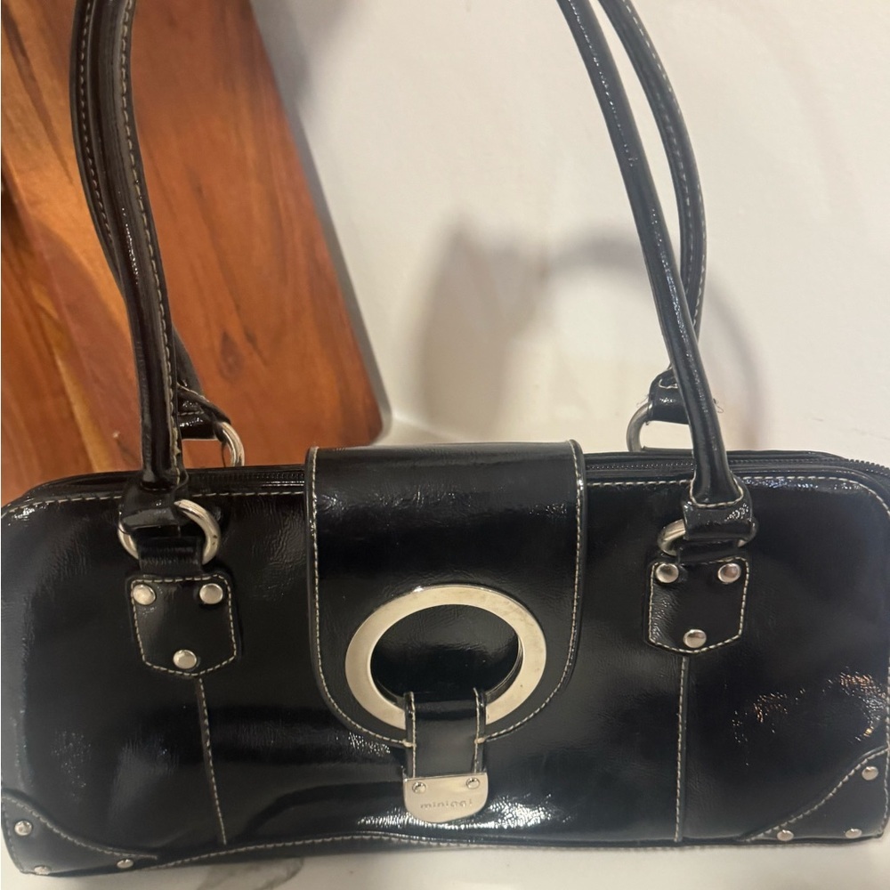 Mimicci Black Patent Leather Shoulder Bag Silver Hardware Y2K - Picture 5 of 9